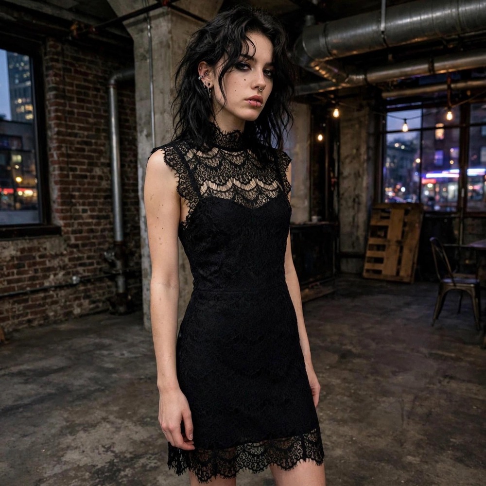 Free People Black Lace Open Back‎ Mock Neck Mini Dress Sleeveless Size L